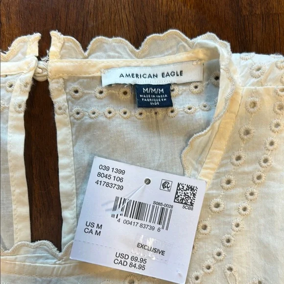 NWT- American Eagle Embroidered Puff Sleeve Cream Mini Dress - Picture 6 of 10